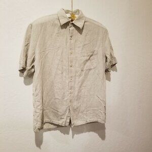 Tasso Ella Island Mens Silk Linen Button Up Shirt Medium Beige Short Sleeve